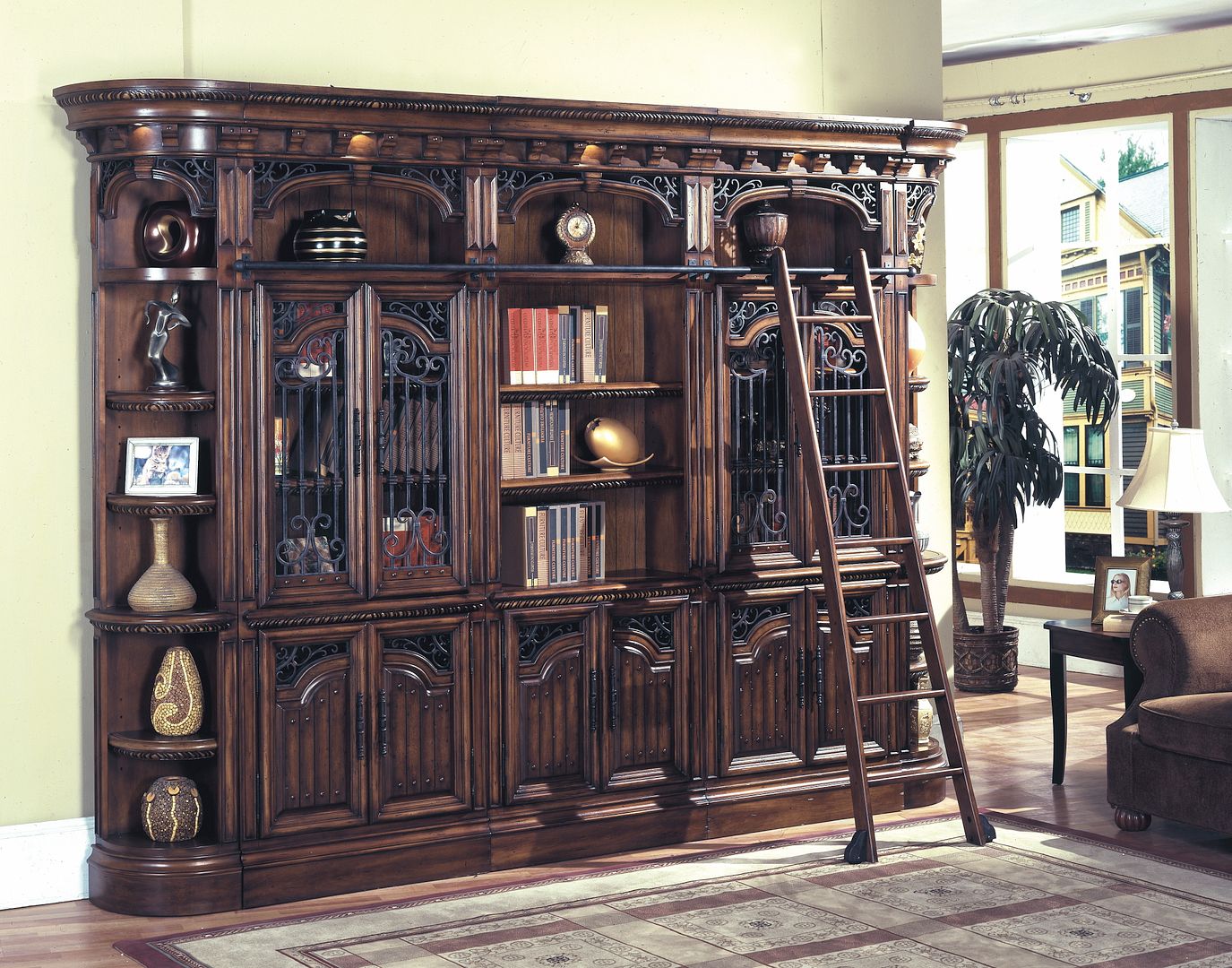 Barcelona Executive Library Wall Glass Doors & Bookcase W/ Ladder Barcelona Executive Library Bookcase Wall Unit - Barcelona Executive Library Wall Glass Doors & Bookcase W/ Ladder
