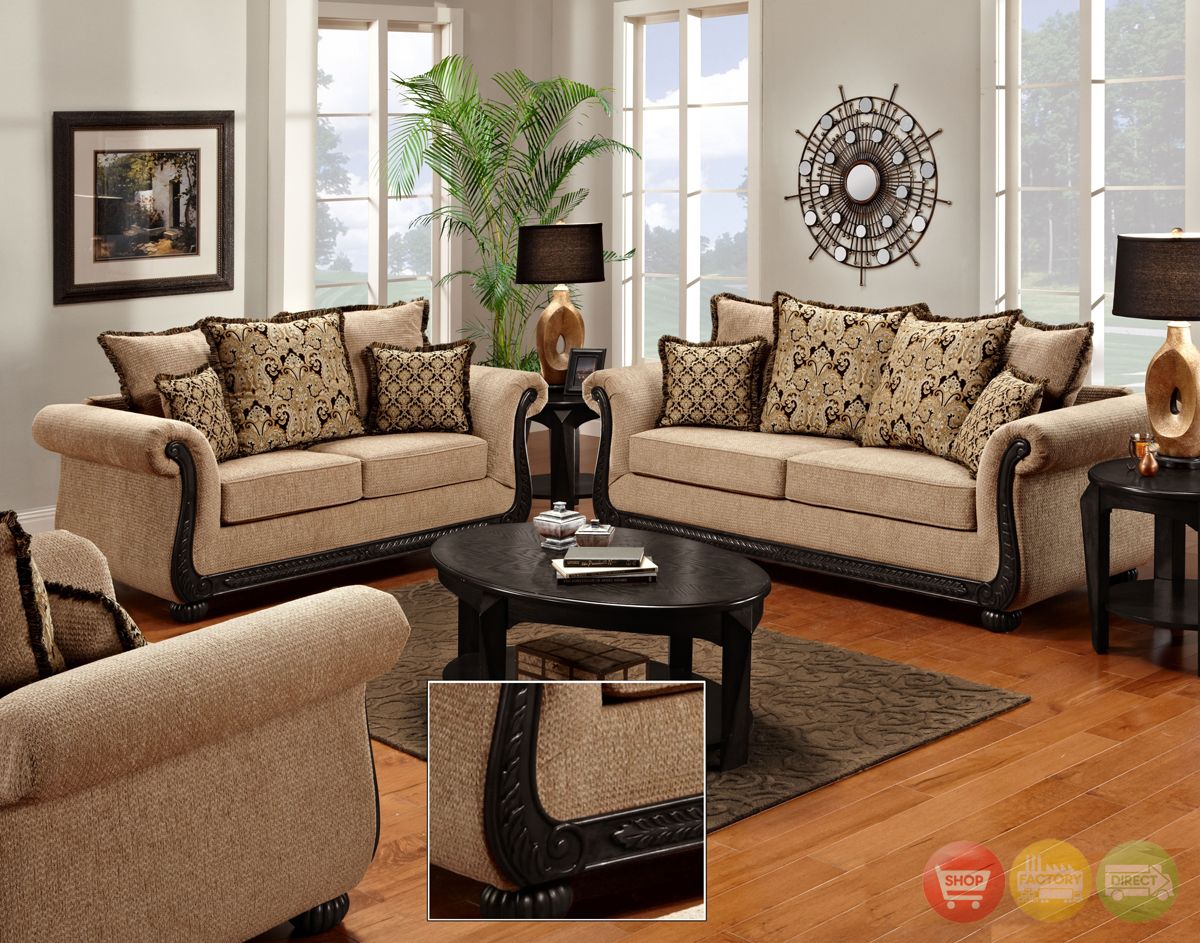 Delray Traditional Sofa  Love Seat Living Room Furniture Set Taupe Chenille NEW  eBay