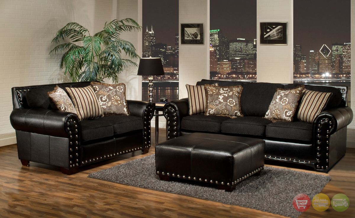 Black & Charcoal Gray Traditional Sofa & Love Seat Living Room Set w