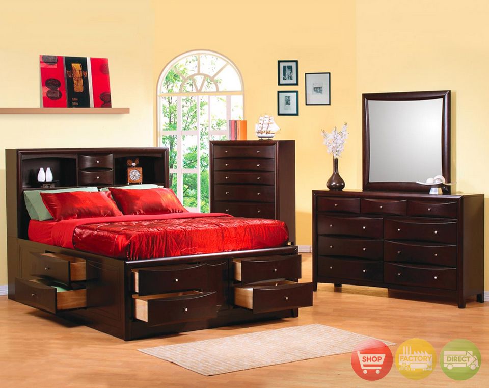 Details About Phoenix King Storage Bed 6 Piece Bedroom Set Cappuccino W 2 Night Stands Chest