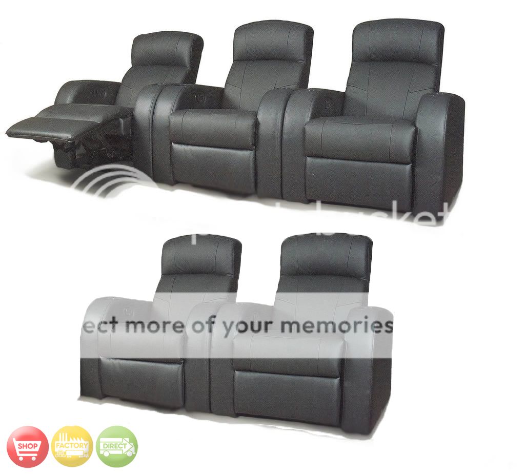 Home Theater Seating Reclining Black Leather 5 Chairs