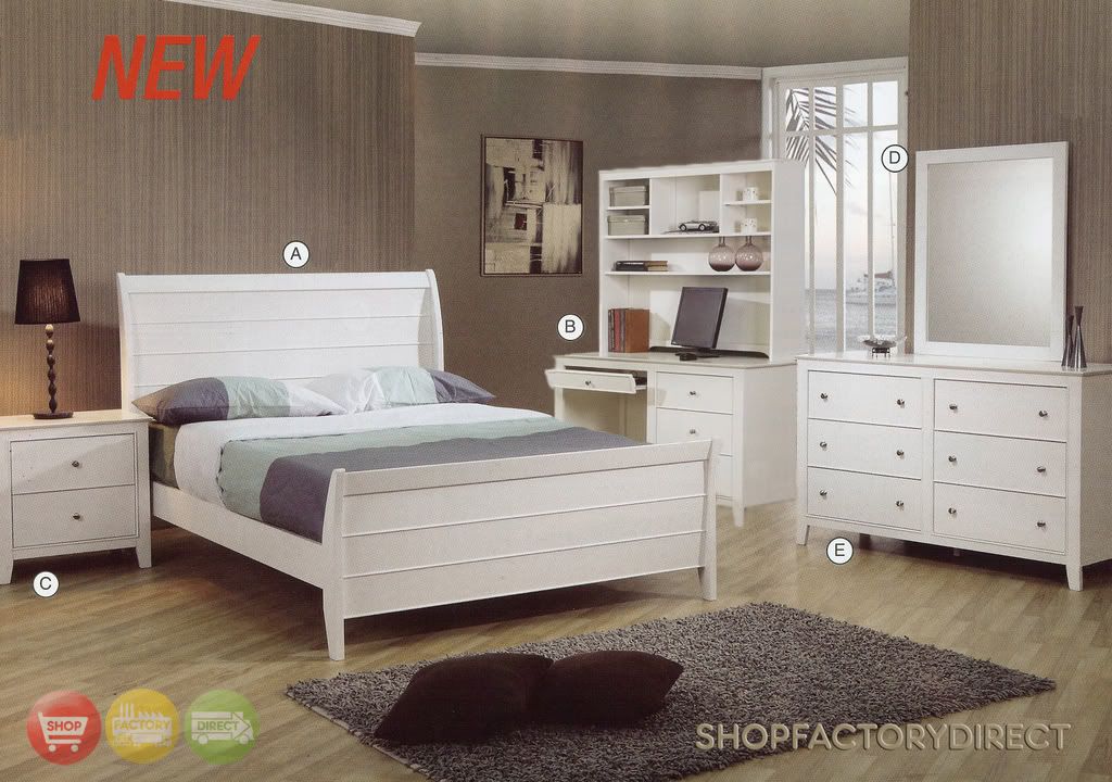 Selena White Wood Full Bed 6 Piece Bedroom Furniture Set W Desk