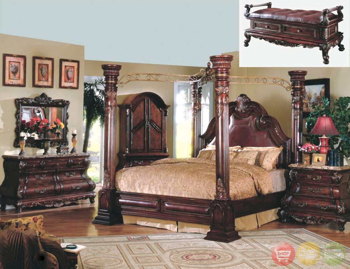  King  Cherry Poster Luxury Canopy Bed  w Leather Headboard 